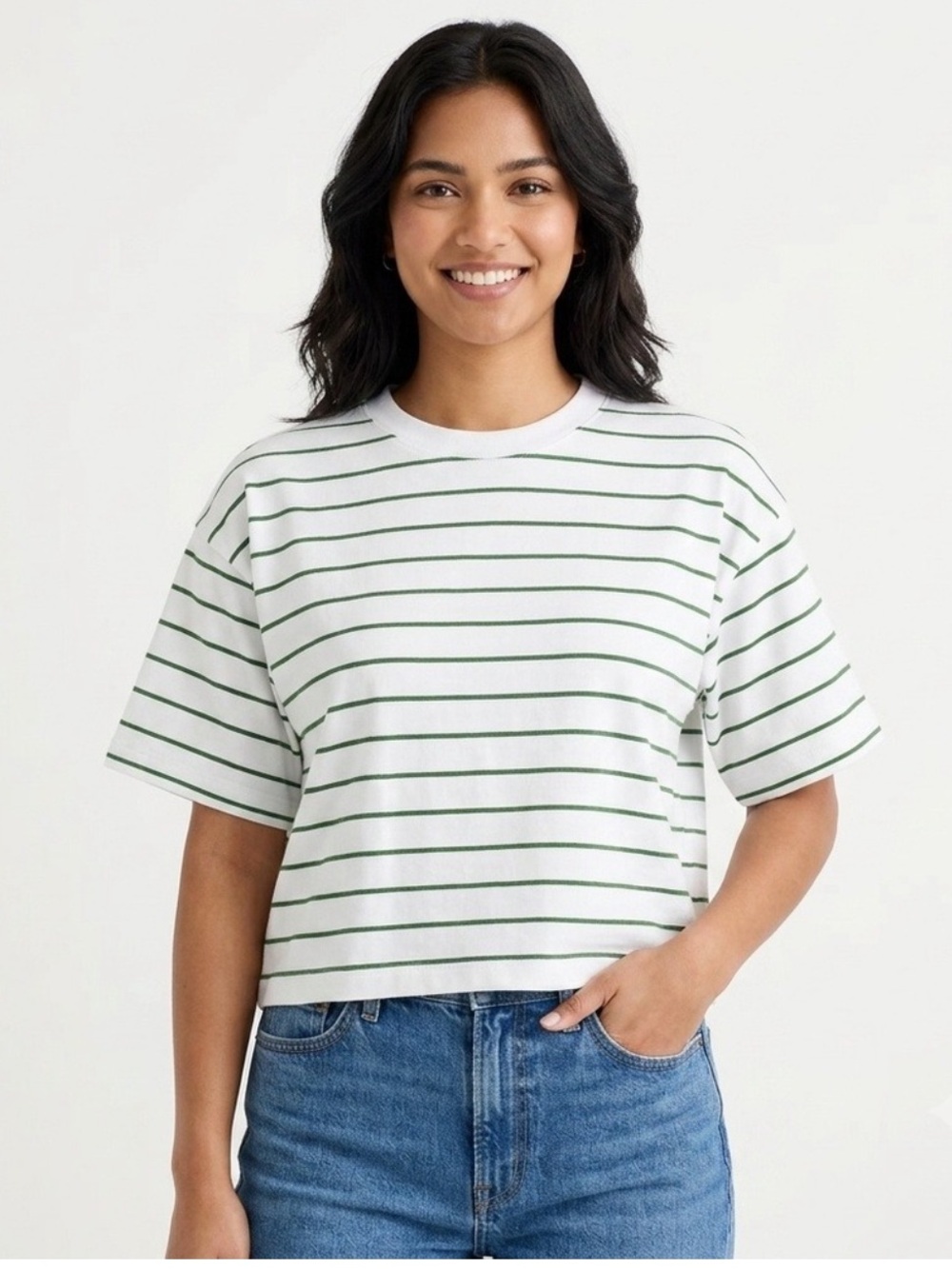 Madewell The Boxy Crop Tee in Allday Jersey - White Tee with Green Stripe